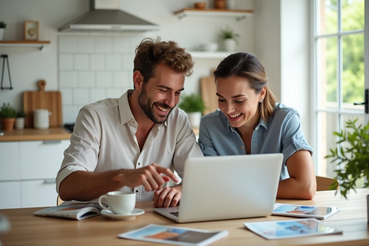 Couple planifiant leurs vacances avec les offres Leclerc Voyage sur un ordinateur portable à la maison