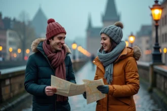 Couple de jeunes voyageurs traversant les Ponts Couverts de Strasbourg le soir du Nouvel An avec un budget serré