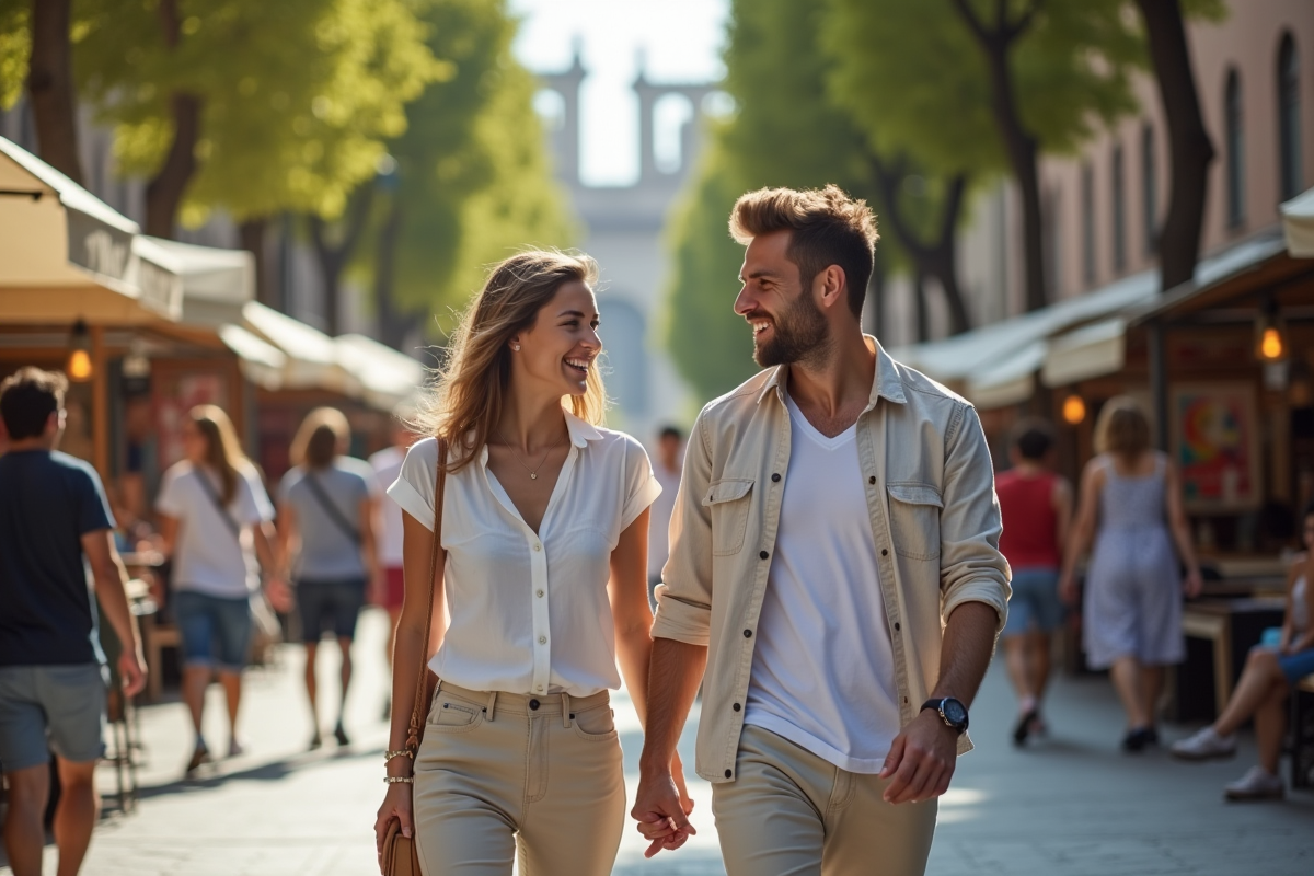 Jeune couple marchant dans la rambla de Barcelone