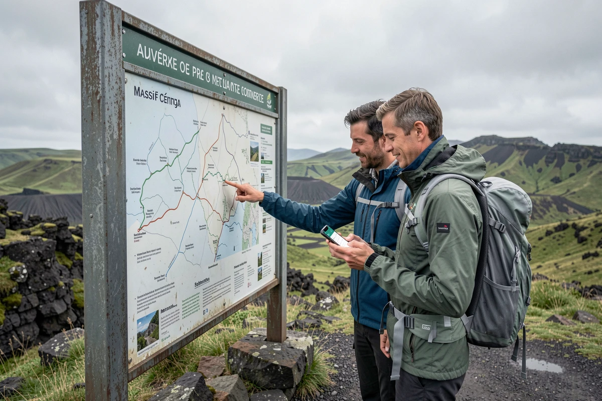 Couple de randonneurs consultant une carte touristique et un smartphone devant un panneau d'information en Auvergne