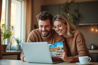 Couple souriant recherchant des vacances sur Booking avec bons vacances français