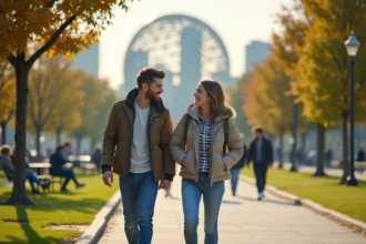 Jeune couple riant dans Corona Park avec Unisphere en arrière-plan
