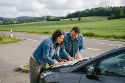 Jeune couple souriant examinant une carte à la campagne