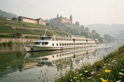 Bateau de croisière fluviale naviguant sur le Rhin avec des vignobles en terrasses et un château médiéval en arrière-plan, Allemagne