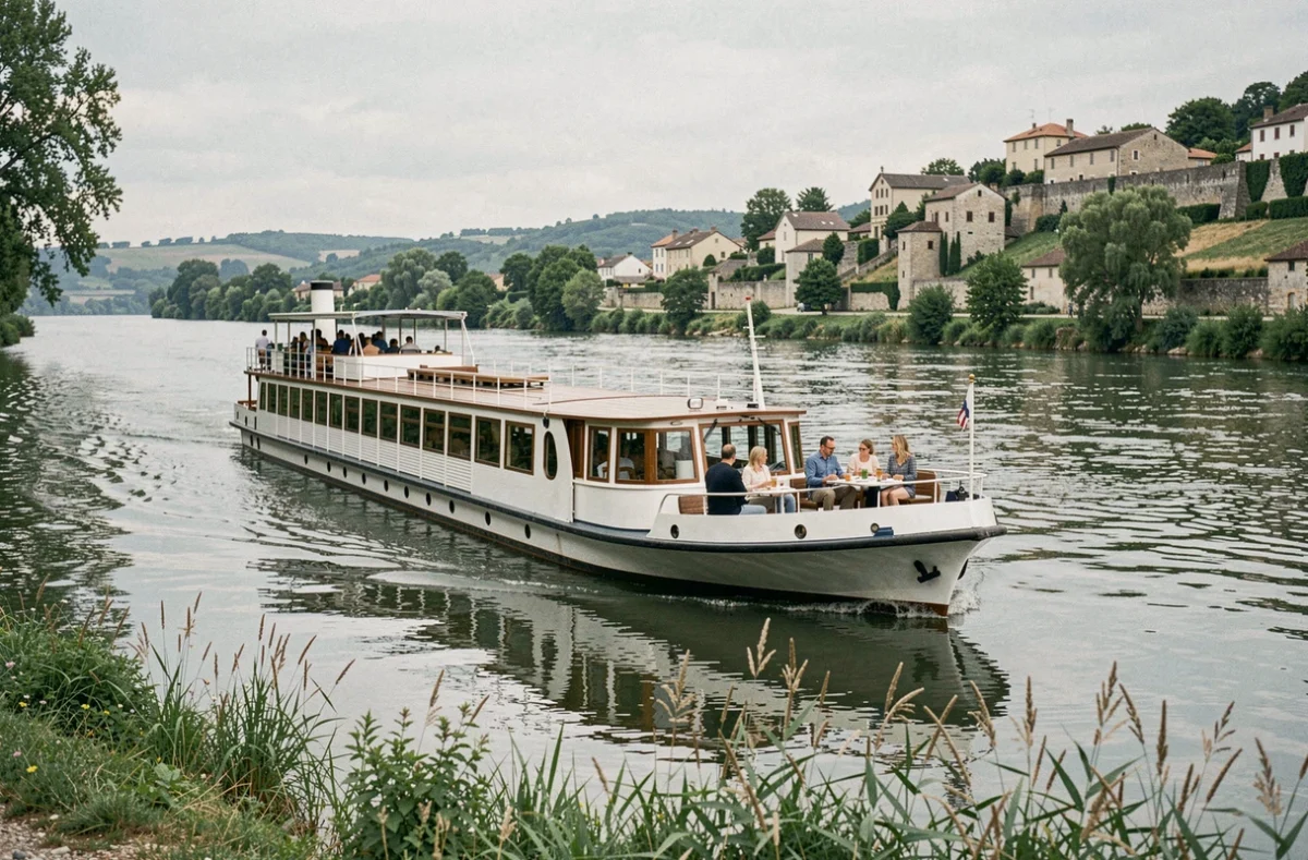Bateau de croisière fluviale naviguant sur le Rhône avec des villages provençaux en arrière-plan