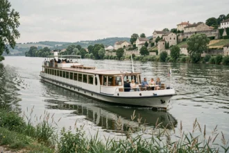 Bateau de croisière fluviale naviguant sur le Rhône avec des villages provençaux en arrière-plan