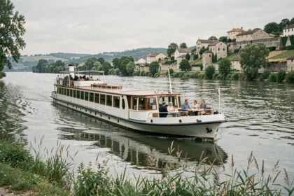 Bateau de croisière fluviale naviguant sur le Rhône avec des villages provençaux en arrière-plan