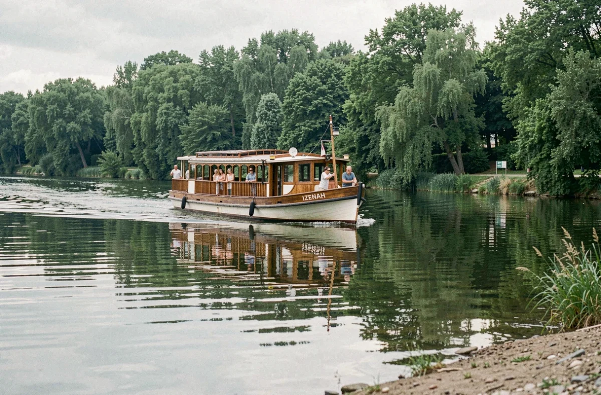 Croisière fluviale Izenah sur le fleuve avec passagers admirant le paysage verdoyant depuis le pont