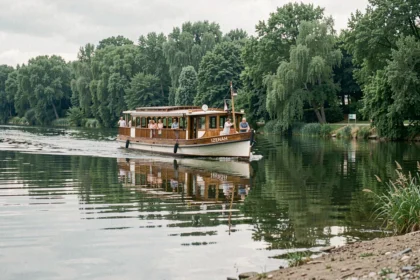 Croisière fluviale Izenah sur le fleuve avec passagers admirant le paysage verdoyant depuis le pont