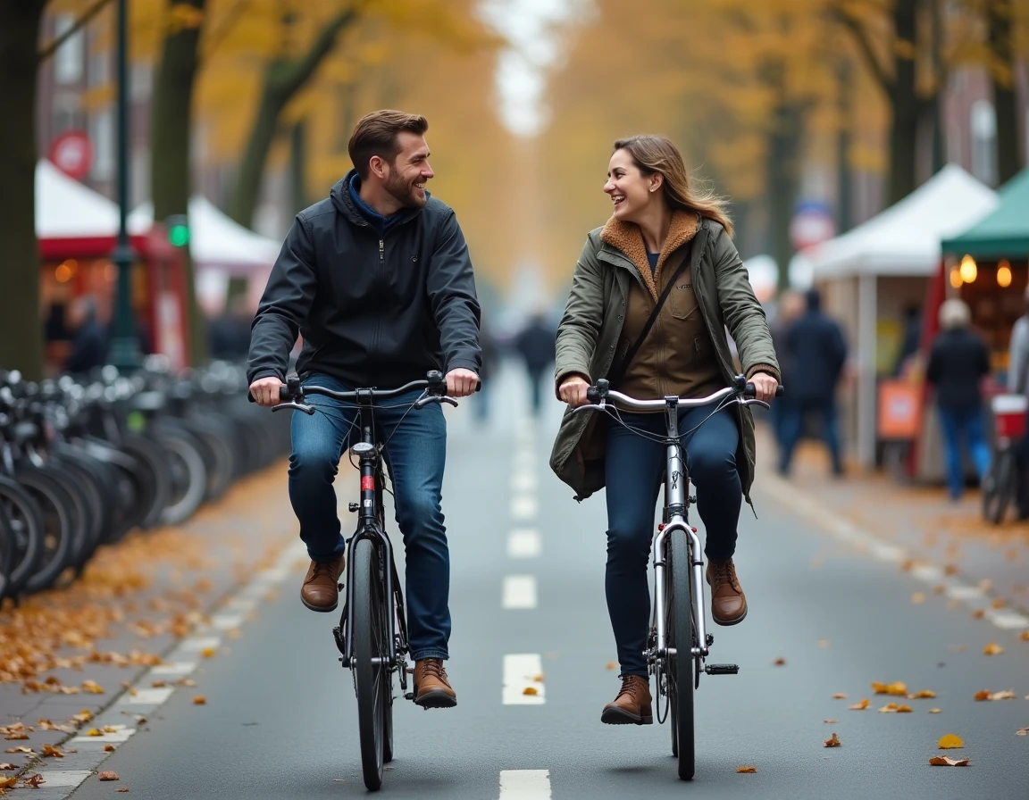 Deux cyclistes traversant le quartier De Pijp à Amsterdam sur une piste cyclable dédiée au milieu d'un marché de rue