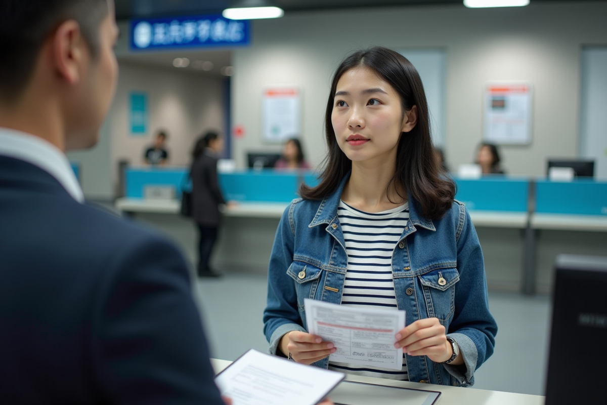 Jeune femme asiatique présente ses papiers à la préfecture