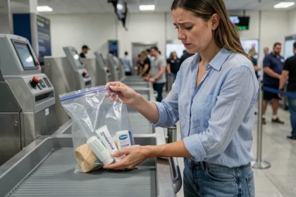 Femme posant un sac plastique transparent avec dentifrice en format voyage sur le tapis du contrôle de sécurité aéroport