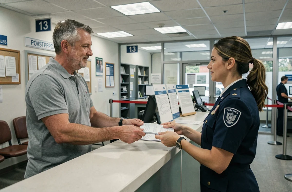 Homme déposant son dossier de demande de passeport au guichet d'un bureau de poste
