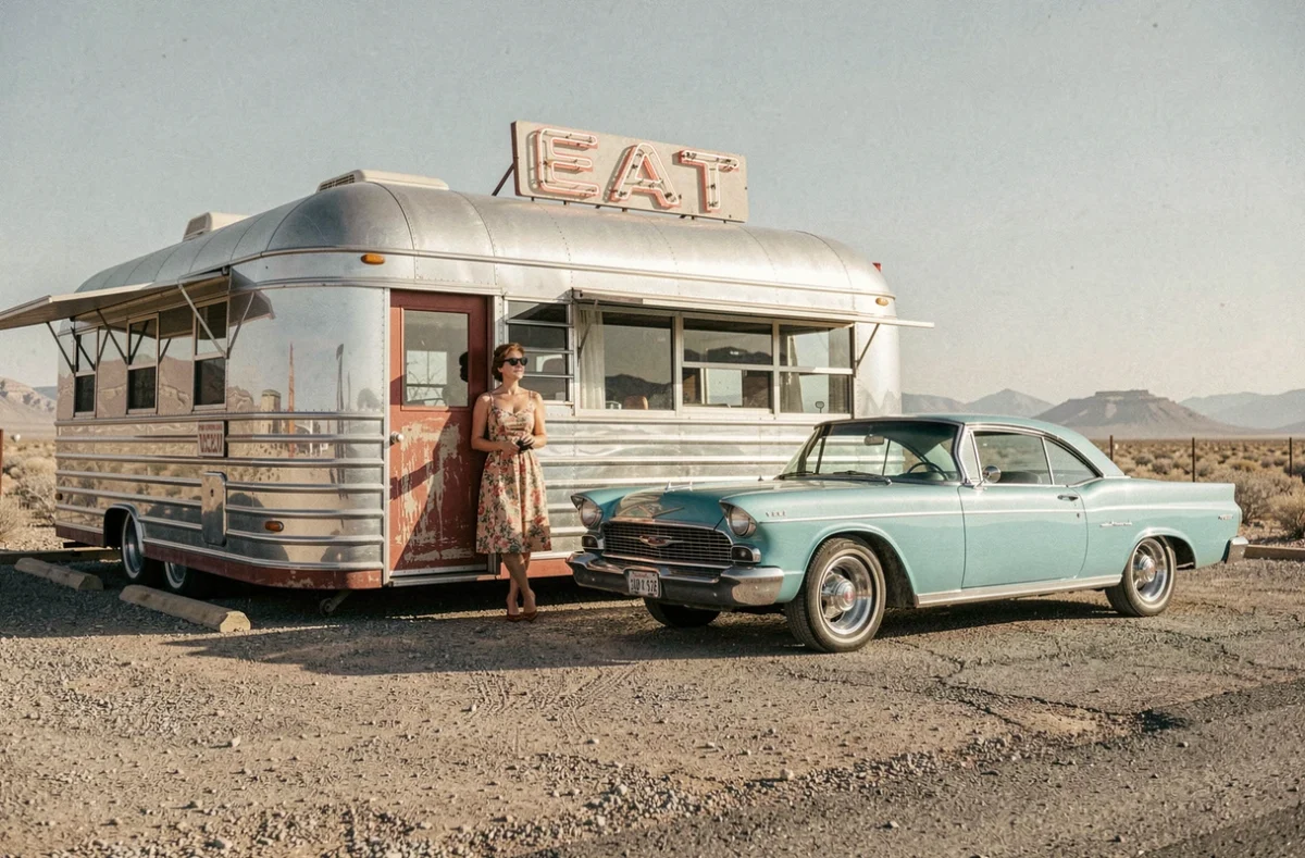 Diner vintage sur la Route 66 dans le désert Mojave avec femme en robe fleurie et voiture décapotable turquoise