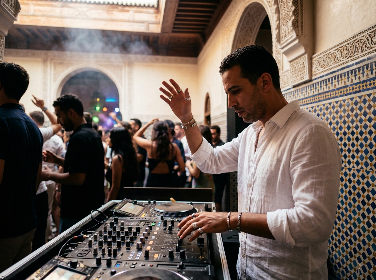 DJ masculin concentré derrière ses platines dans une boîte de nuit décorée en style riad marocain à Marrakech