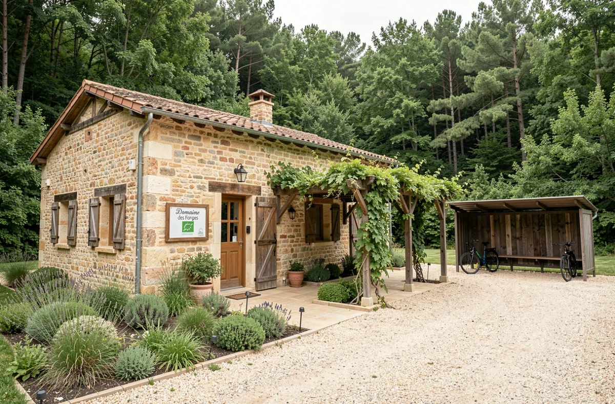Hébergements du Domaine des Forges, gîte labellisé en Occitanie avec pergola en bois, jardin soigné et plaque de certification à l'entrée