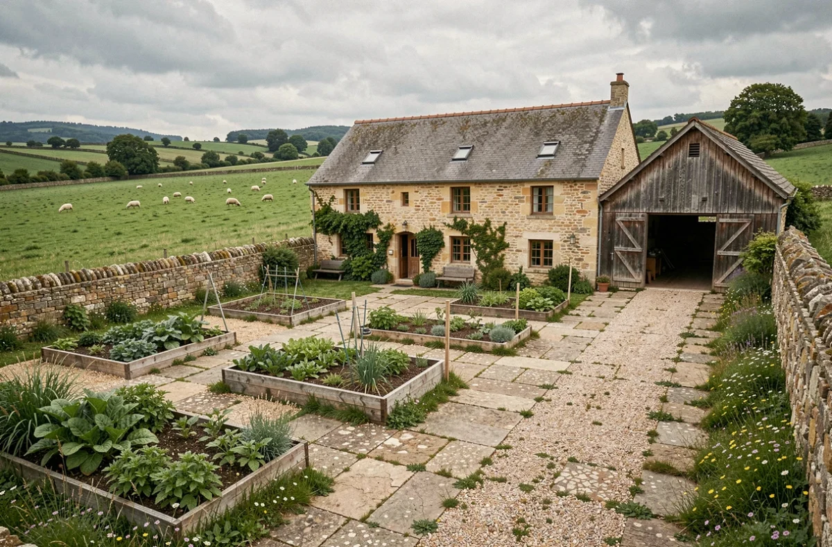 Domaine de Vaxergues en Aveyron, gîte nature entouré de bocage préservé avec jardin potager et moutons dans les prés