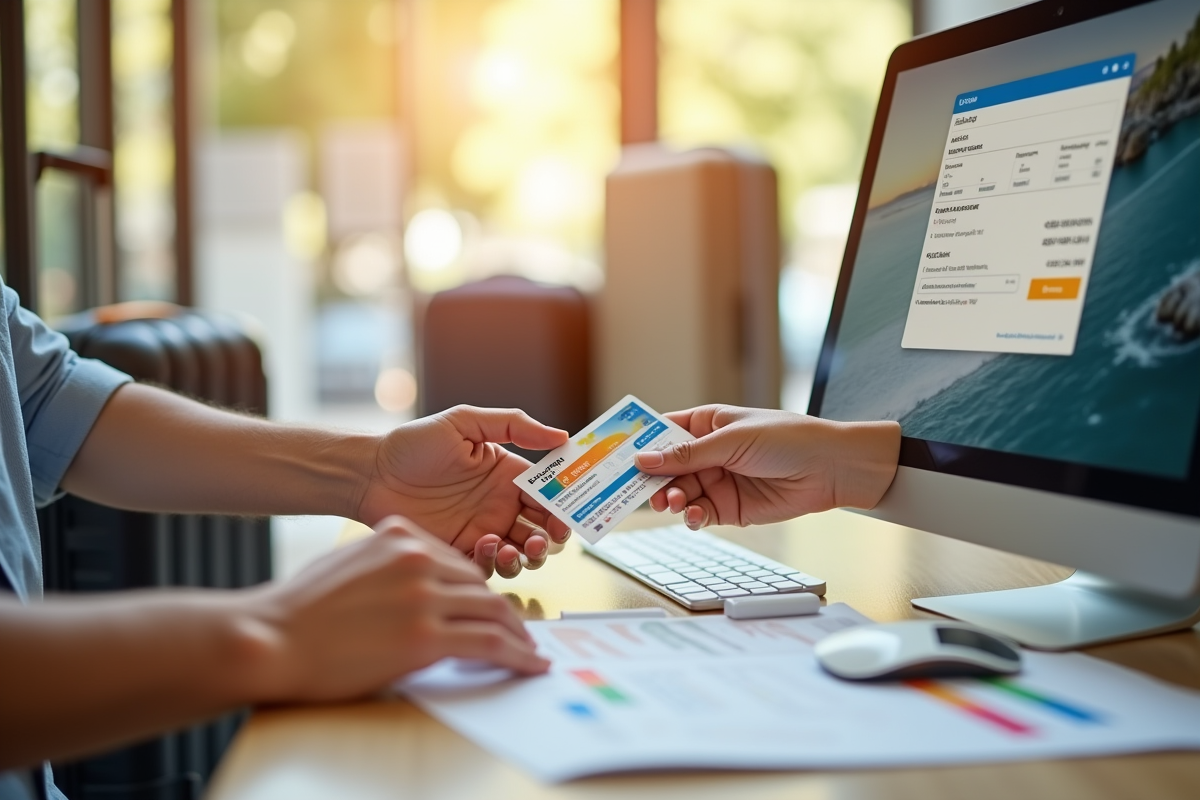 Echange de bons vacances français et carte bancaire à la réception d