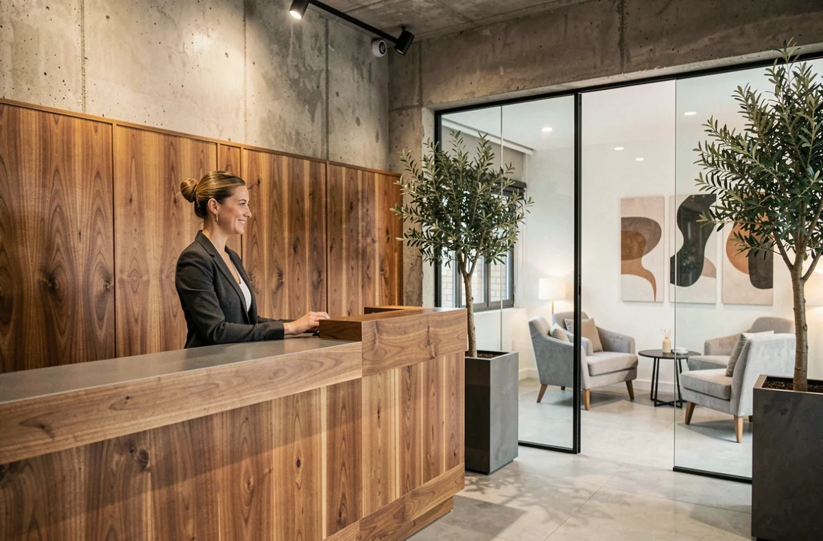 Réception design de l'Empreinte Hôtel Boutique et Spa à Orléans avec bois chaleureux et ambiance contemporaine
