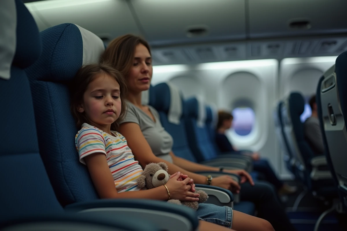 Enfant endormie contre sa mère dans un avion lors d'un vol transatlantique vers Miami, illustrant la fatigue due au décalage horaire