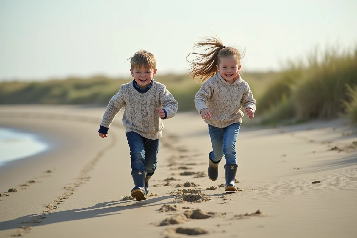 Deux enfants courant sur la plage de Pennedepie avec rires