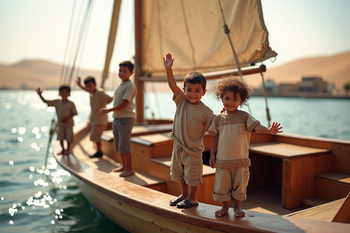 Enfants souriants sur un felucca au bord du Nil