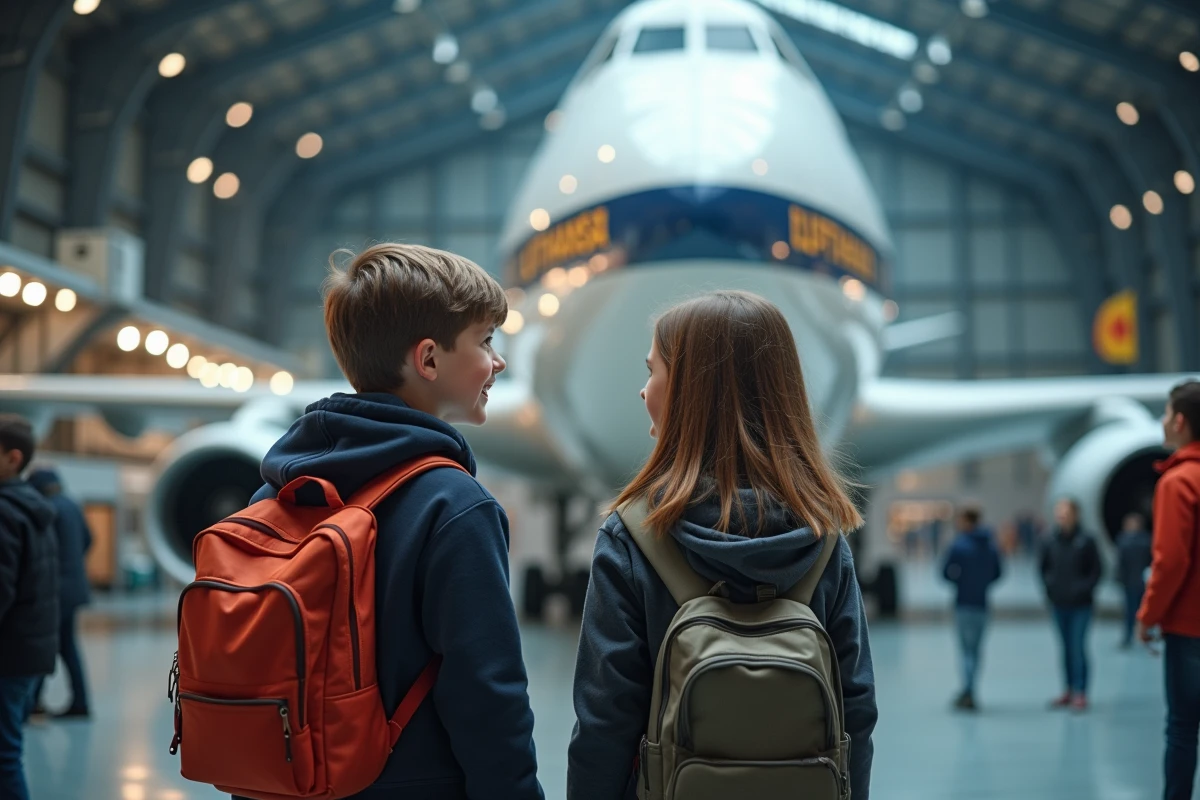 Enfants émerveillés devant un avion vintage au Technik Museum de Speyer en Allemagne