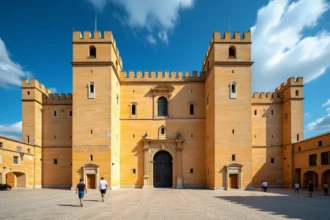 Vue extérieure du Palais des Normands à Palerme avec sa façade en pierre dorée et ses tours médiévales sous un ciel bleu méditerranéen