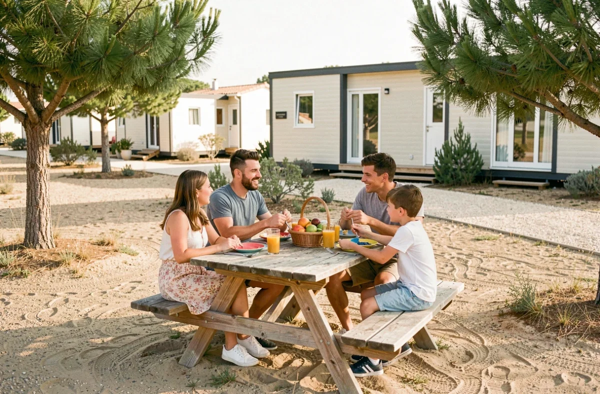 Famille en vacances autour d'une table de pique-nique devant un mobil-home dans un camping à Leucate