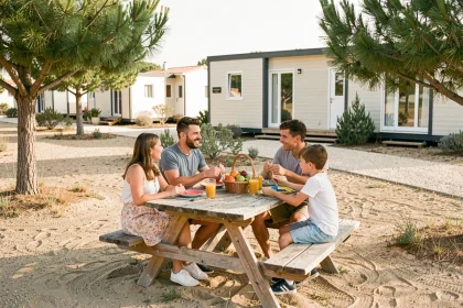 Famille en vacances autour d'une table de pique-nique devant un mobil-home dans un camping à Leucate