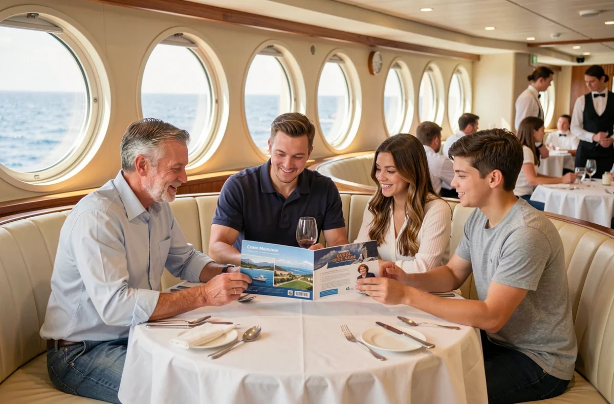 Famille en croisière consultant des brochures d'excursions ensemble dans la salle à manger élégante d'un paquebot