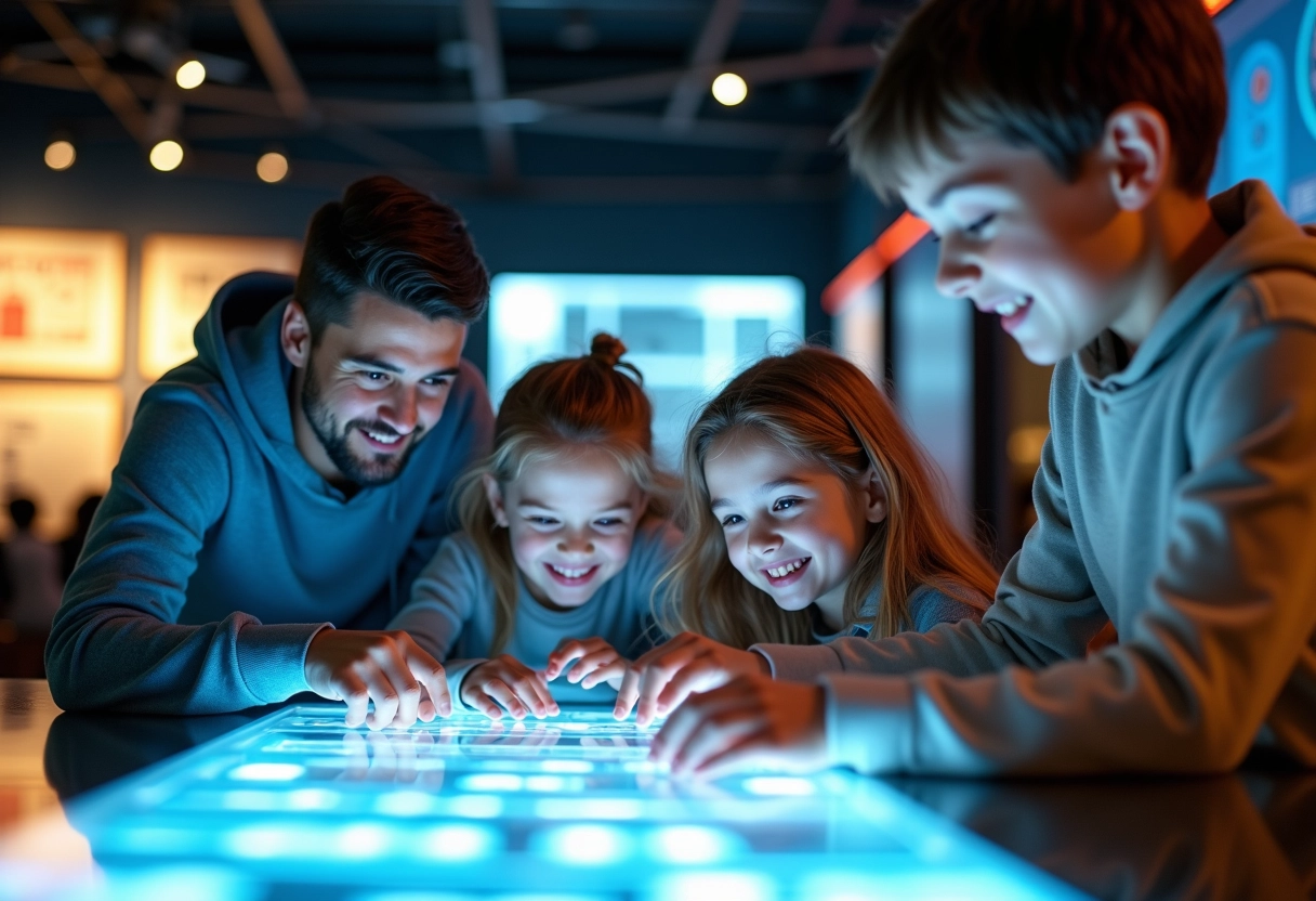 Famille manipulant boutons lumineux dans musée
