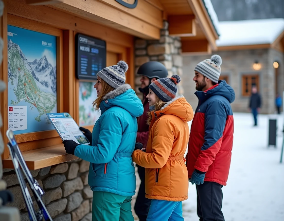 Famille consultant les tarifs des forfaits de ski au guichet d'une station Paradiski entourée d'architecture alpine en bois et pierre