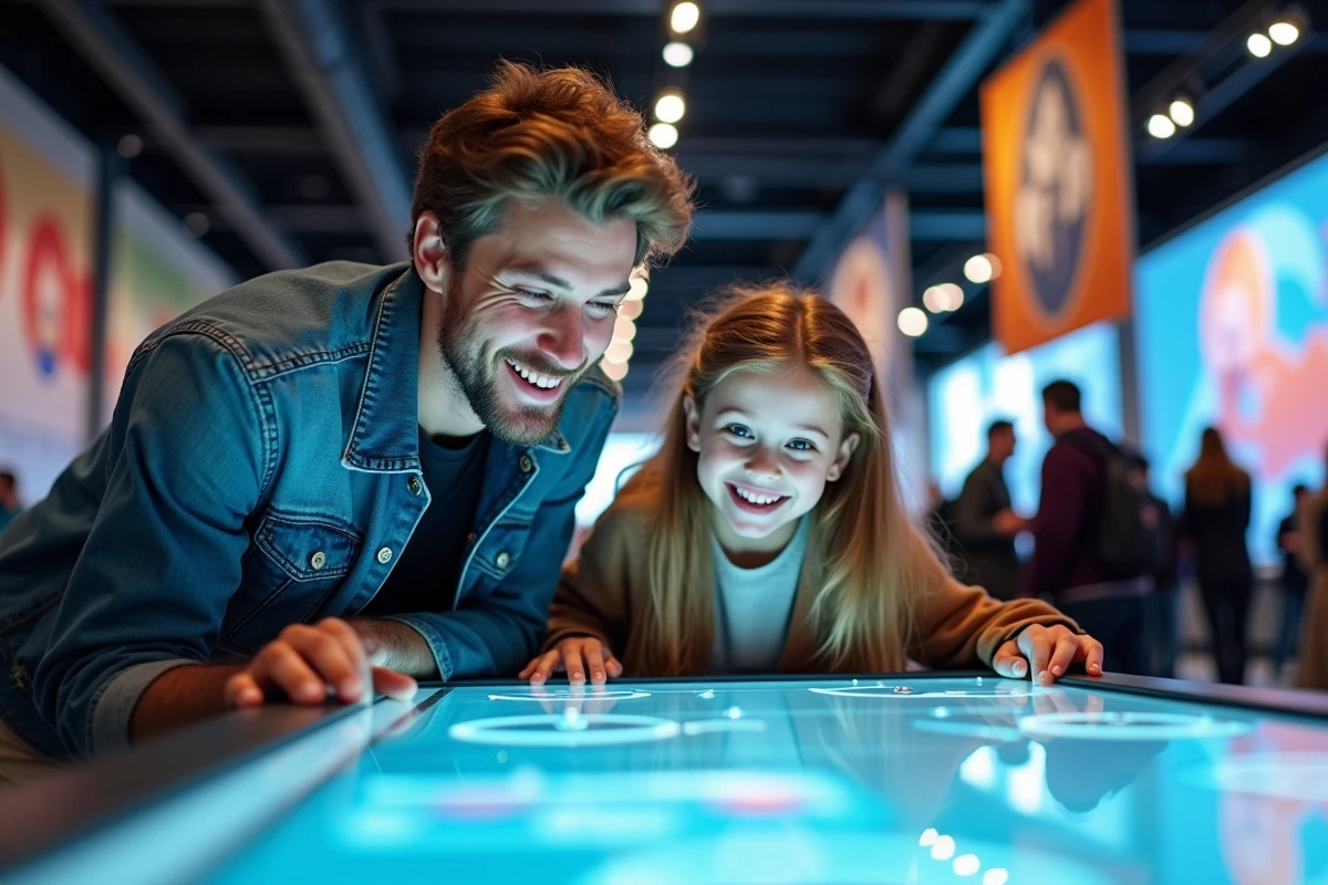 Père et fille explorant une exposition interactive au musée des sciences Technopolis à Malines