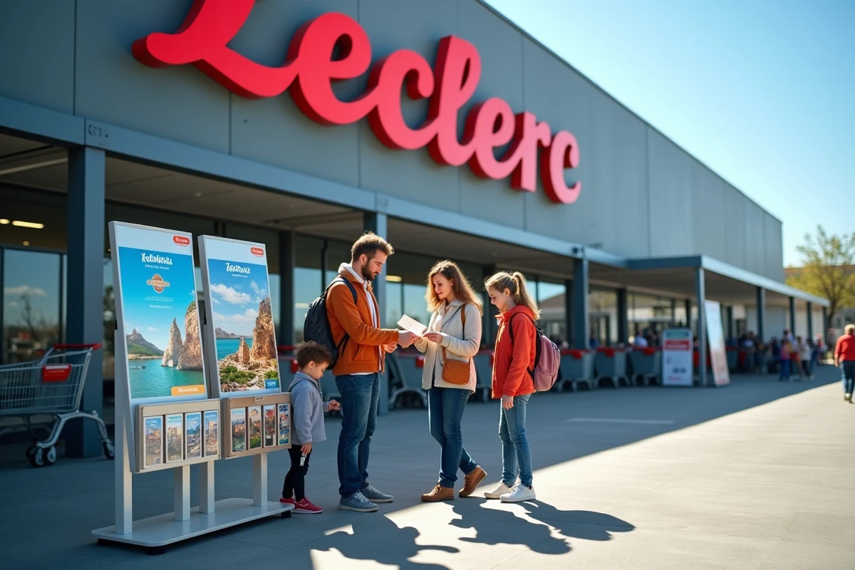 Famille découvrant les offres de voyage Leclerc sur un présentoir promotionnel devant un hypermarché