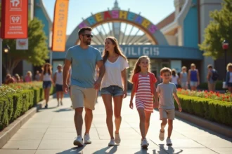 Jeune famille souriante devant une attraction du parc d'attractions