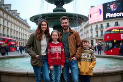 Famille souriante devant la fontaine de Piccadilly Circus