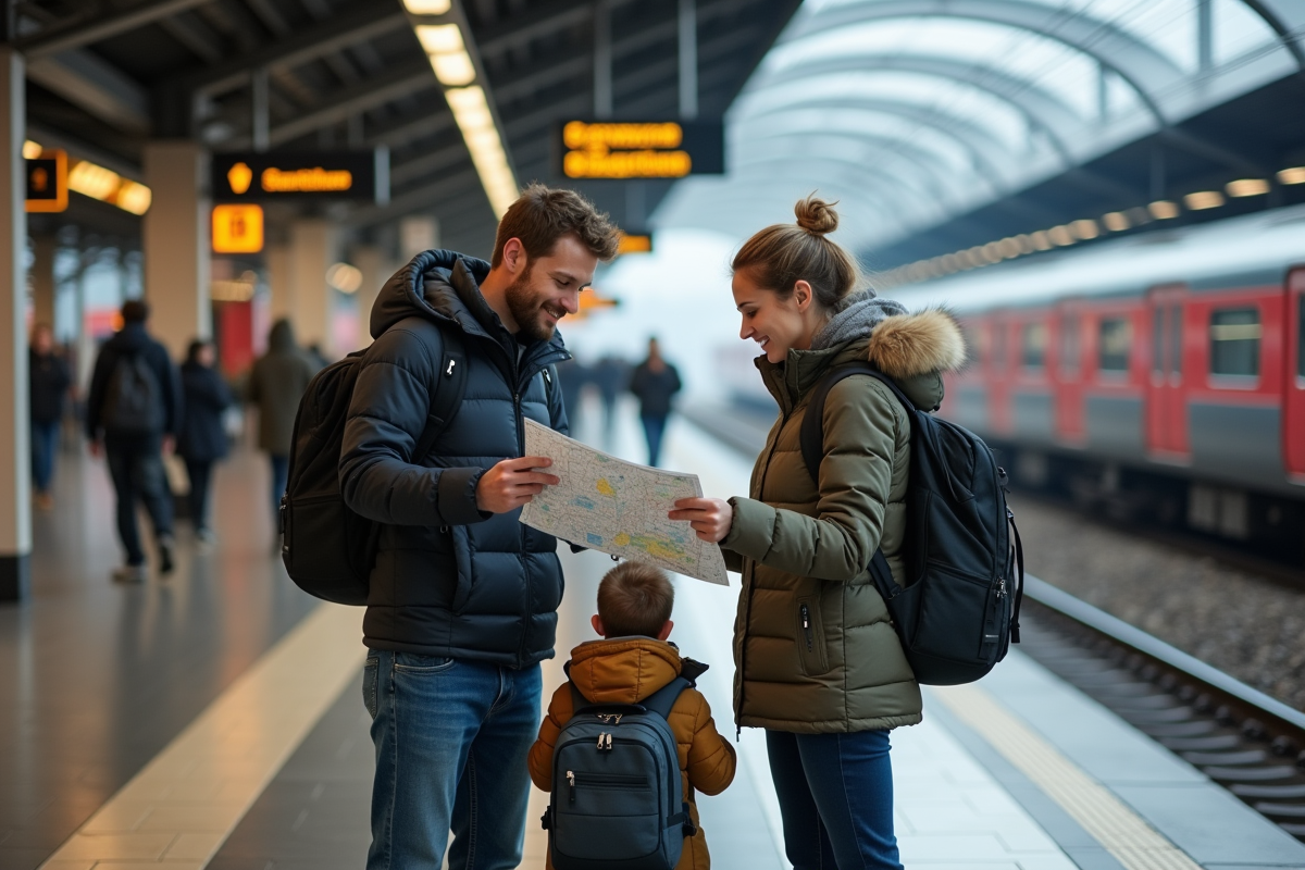 Famille sur le quai de train en Europe consultent une carte