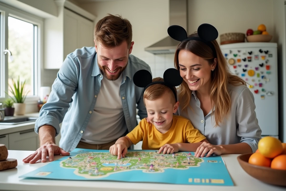 Famille préparant la visite d'Eurodisney avec un plan imprimé sur le comptoir de la cuisine
