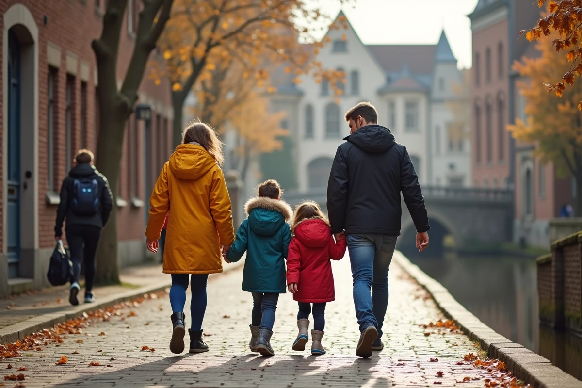 Famille avec enfants se promenant dans les rues pavées du centre historique de Bruges en automne