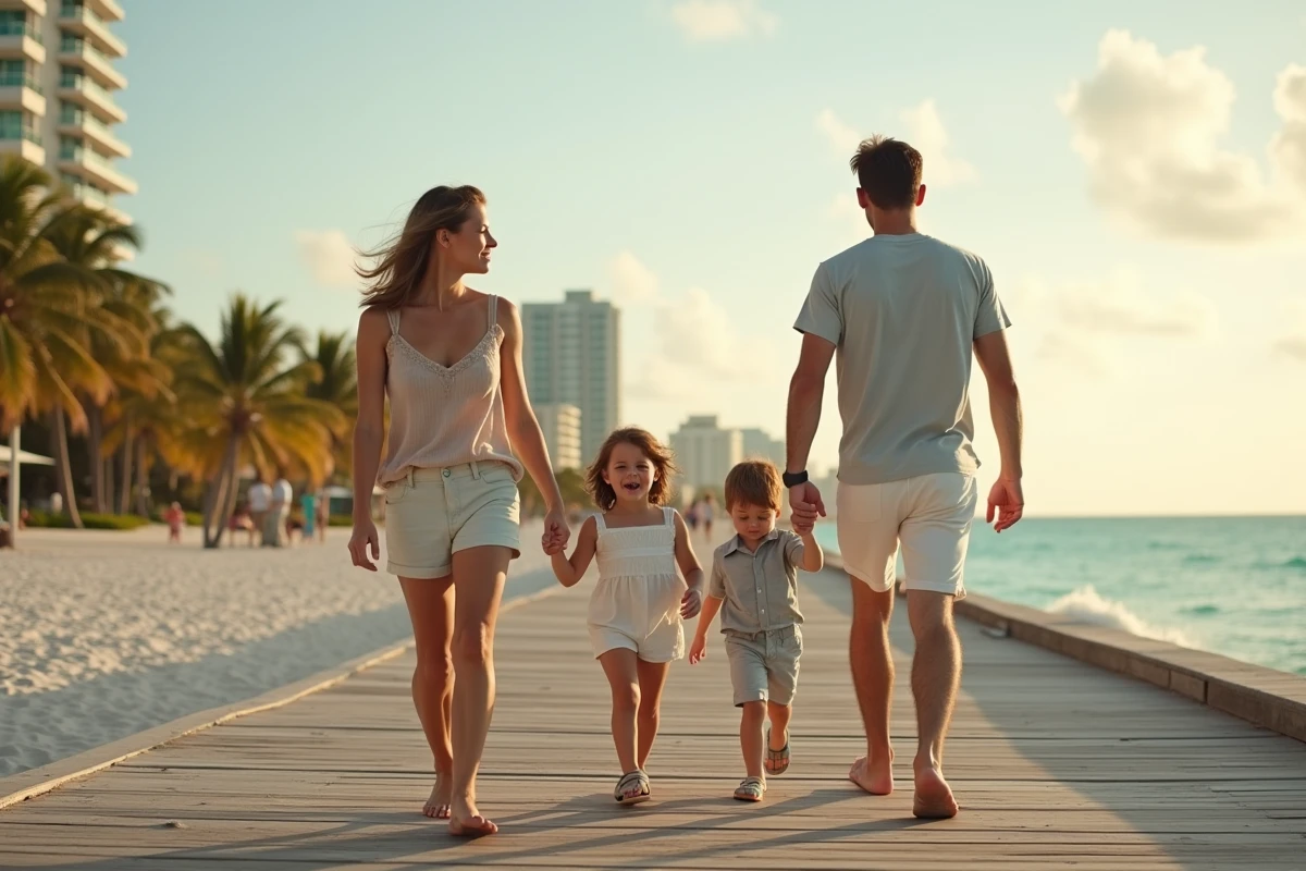 Famille avec enfants fatigués se promenant sur le bord de mer de Miami Beach, illustrant les effets du décalage horaire lors des vacances en famille
