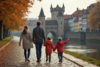 Famille avec enfants se promenant au bord du Rhin à Speyer avec la porte Altpörtel en arrière-plan en automne