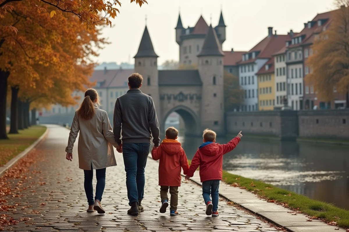 Famille avec enfants se promenant au bord du Rhin à Speyer avec la porte Altpörtel en arrière-plan en automne