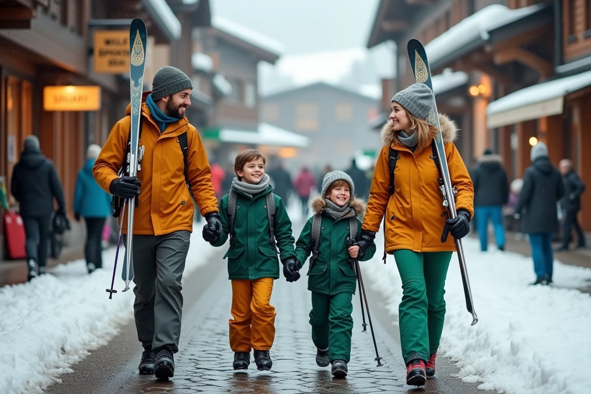 Famille de skieurs traversant un village alpin animé avec magasins et cafés, station de ski accessible depuis Paris