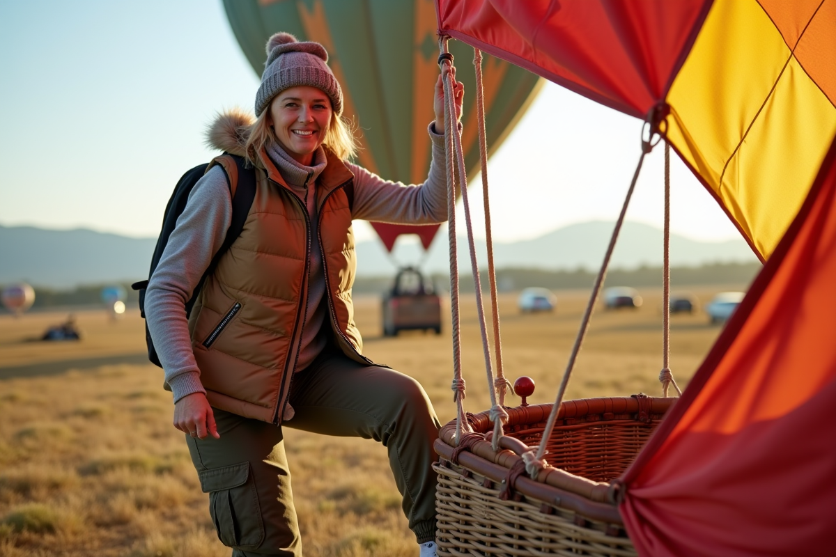 Femme en veste et bonnet entrant dans un panier de ballon