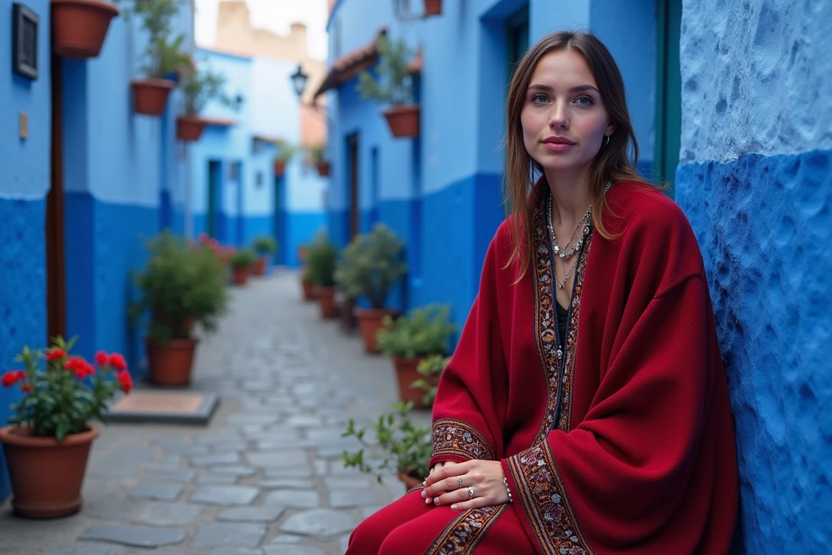 Femme berbère en tenue traditionnelle dans les ruelles bleues de Chefchaouen au Maroc