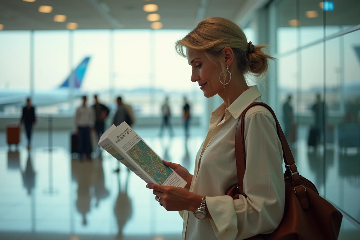 Femme consultant une brochure de voyage Leclerc dans un aéroport moderne avant son départ