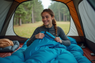 Jeune femme dans une tente en forêt en matinée