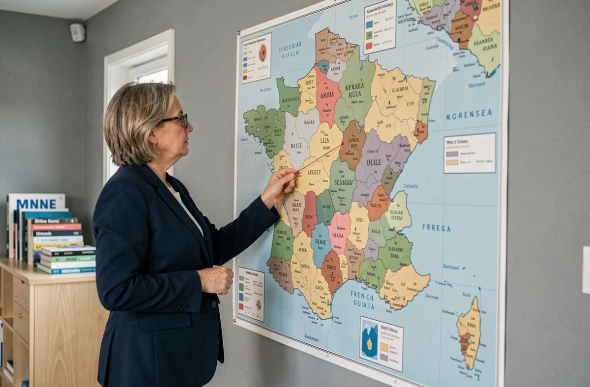 Femme étudiant une carte de France incluant les DOM-TOM affichée sur un mur de bureau moderne