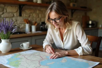 Femme consultant une carte imprimable de Normandie sur une table en bois rustique pour planifier son circuit touristique